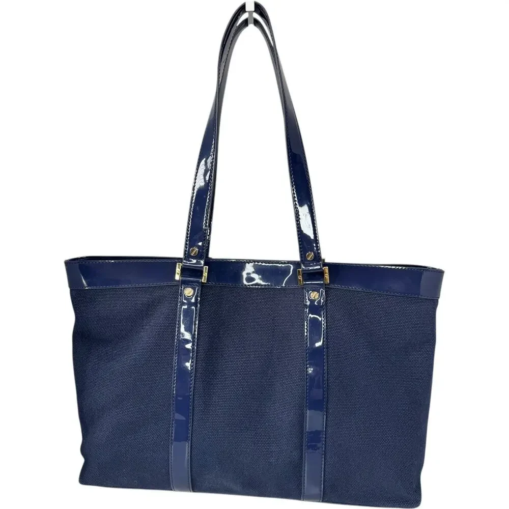 Tory Burch Canvas Jane Tote navy patient leather Shoulder Bag
